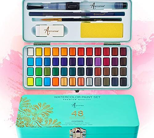 Artistro Watercolor Paint Set, Astuccio Portatile con 48 Acquerelli Professionali, Brush Pen, Spugna, Matita Disegno, Pennello, Gomma da Cancellare, Carta Acquerello per Artisti, Hobbisti, Bambini