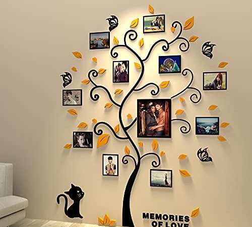 Asvert Adesivo da Parete, Fai da te 3D Adesivi Albero Murali Alberi e Famiglia Cornice per Foto Wall Stickers Con Arts Decorazioni per Camera da Letto Gialle Foglie 160cm x 132cm