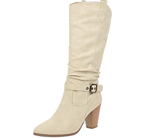 Bottes Bottines Femme Stivali da Donna in Pelle con Cinturino Incrociato al Ginocchio con Fibbia Scarpa con Tacco Basso (37,Beige)