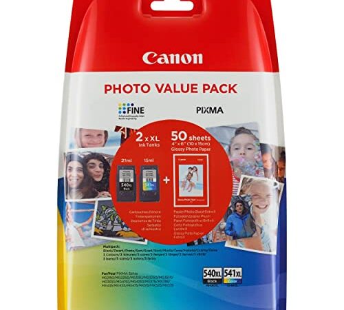 Canon PG-540/CL-541 XL Cartucce Inchiostro + Carta Glossy GP-501 50 fogli, Formato XL Blister Security, Nero e Colore