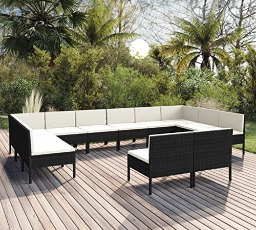 Leepesx Set Giardino Esterno Divanetto da Esterno Arredo Giardino Divano da Giardino da Esterno Set Divani da Giardino 12 pz con Cuscini in Polyrattan Nero IH