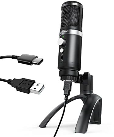 Microfono USB, Moman EM1 Mic USB PC Condensatore Plug & Play con Supporto per Treppiede, Microphone per Computer Podcast Registrazione Streaming Podcasting, Microfono-USB-PC-Condensatore-Streaming