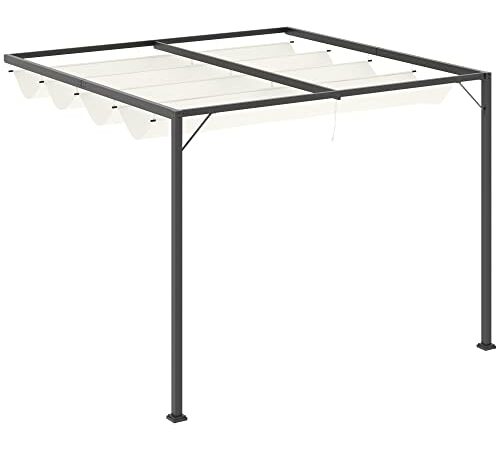 Outsunny Gazebo Pergola 3x3m da Giardino in Metallo con Tettuccio Scorrevole Bianco Crema, Pergola da Giardino a Parete