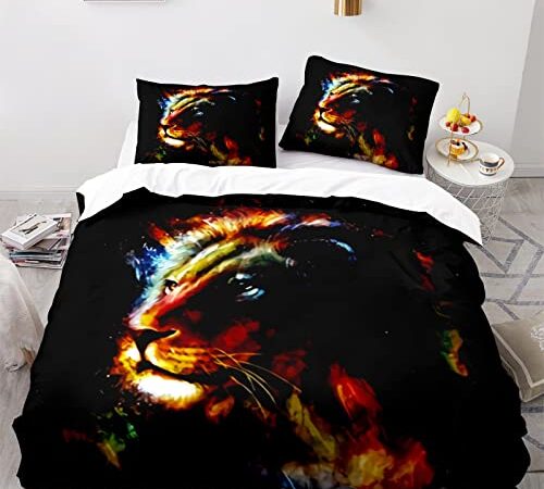 parure de lit 220x240 adulte Lion peint 3D Imprimée Hypoallergénique Housse de Couette Lit 1 Personne + 2 Taies d'oreiller 50x75