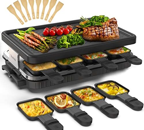 Raclette 8 Persone Griglia Elettrica Raclette Grill 8 Mini Padelle 8 Spatole Grill da Tavolo Grill Elettrico Piastra Antiaderente 1300Watt, Nero