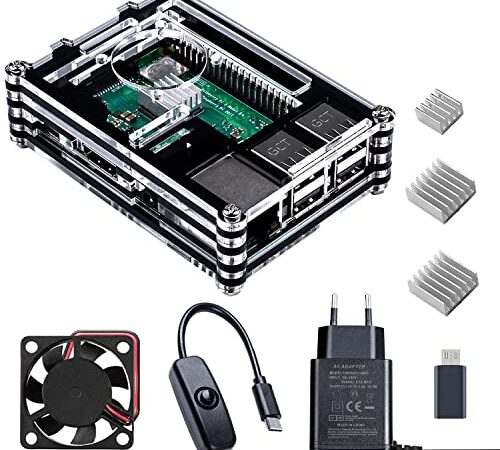 Smraza Case per Raspberry pi 3 B+, con 5V/3A Alimentatore con Interrupteur On/off, 3 Dissipatori di Calore e Ventilatore, Custodia per Raspberry Pi 3 Model b+(Raspberry Pi Non è Inclusa)