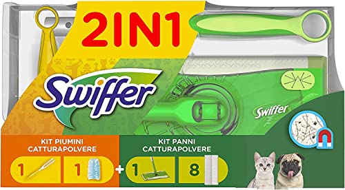 Swiffer Duster&Dry Cattura Polvere, 1 Scopa e 8 Ricariche, 1 Manico e 1 Piumino, Cattura e Intrappola Polvere e Sporco, Ottimo per I peli di Animale, Maxi Formato, Kit Limited Edition