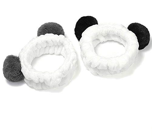 2pcs mignon panda oreille bandeau souple élastique bande de cheveux en molleton de corail avec des pompons pour dames de la mode (oreille noire et oreille grise)