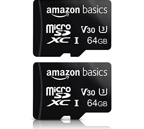 Amazon Basics - MicroSDXC, 64 GB, con Adattatore SD, A2, U3, velocità di lettura fino a 100 MB/s, 2 Unità