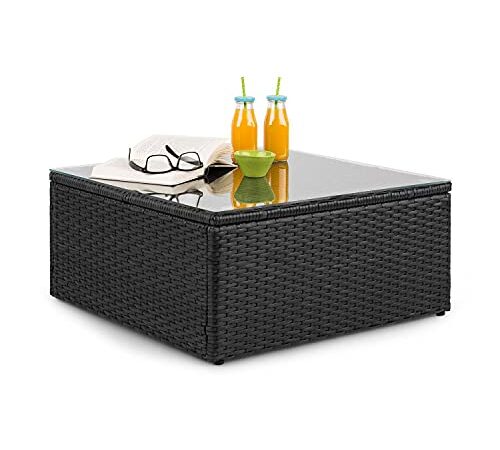 Blumfeldt Theia Loungetisch - Tavolo da Giardino, Tavolino Lounge, Poly Rattan Intrecciato, Piano in Vetro, per Giardino, Balcone o Terrazza, Nero Opaco