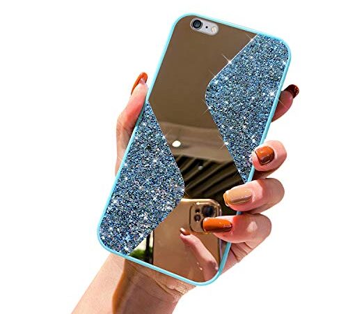 Cover in silicone a specchio per iPhone 6 Plus/6S Plus, con glitter e strass luccicanti, in TPU, antigraffio, antiurto, colore: blu chiaro