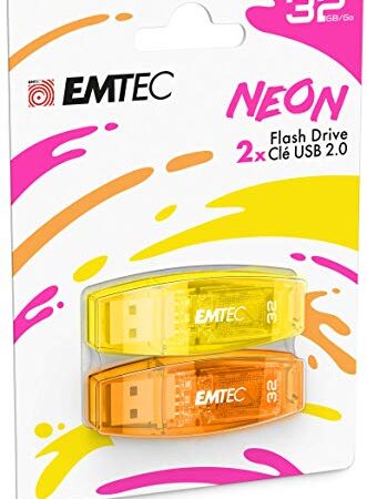 EMTEC Chiavetta USB 2.0 C410 Flash Drive da 32 GB, lettura 5 Mb/S, scrittura 15 Mb/S, USB 2.0, USB 3.0, trasparente al neon con cappuccio , confezione da 2