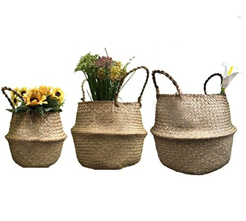GOODCHANCEUK Cestino portabiancheria, porta giocattoli, portaoggetti realizzato con alghe intrecciate con manico set/3pz 27 x 24 cm/32 x 27,9 cm/36 x 32 cm