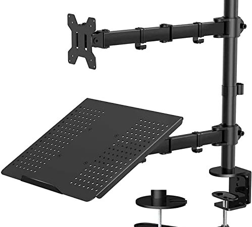 HUANUO Supporto con Braccio per Monitor con Vassoio per Laptop, Regolabile Completamente per Schermi LED LCD da 13 a 27 Pollici e Notebook fino a 17 Pollici, 2 Opzioni di Montaggio