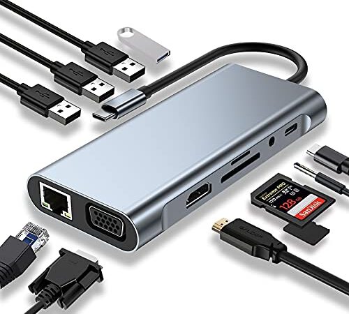 HUB USB C, Adaptateur USB C 11 en 1 avec 4K-HDMI, VGA, USB 3.0, Type C PD, Ethernet RJ45, Lecteur de Carte SD / TF, AUX 3,5 mm, Compatible avec MacBook Pro / Air, Plus Type C Dispositifs