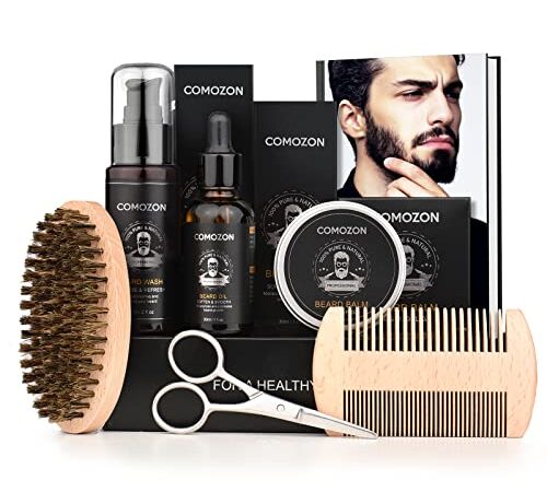 Kit Barba Uomo comozon 100% Naturale Set Barba Uomo Set Regalo con Balsamo Barba, Olio Barba, Shampoo Barba, Regola Barba, Pettine Barba, Spazzola Barba, I Migliori Regali per La Barba da Uomo