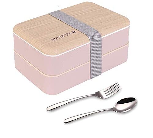 Lunchbox portapranzo Scatole bento box contenitore originale divisore bundle stile giapponese con cucchiaio e forchetta in acciaio inox(Rosa)