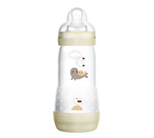 MAM Easy Start Biberon anticolica, 320 ml, bottiglia per latte con valvola di fondo contro le coliche, bottiglia per bambini con tettarella misura 2, 4 mesi e foca, Istruzioni in lingua straniera