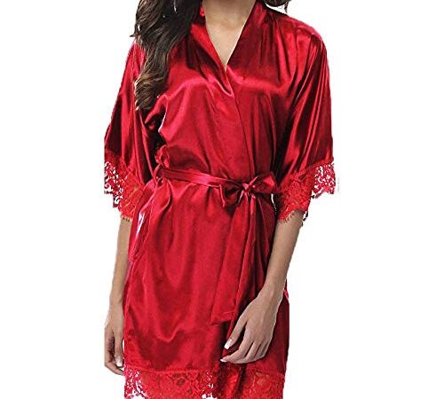 Peignoir Kimono pour Femme,Satin Dentelle Kimono Robe De Demoiselle D'Honneur De Mariée En Soie Sexy Peignoir Court avec Ceinture Lingerie Dames Robe De Chambre De Couleur Unie pour La Fête De Mari