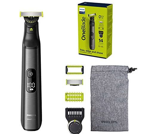 Philips OneBlade Pro Face + Body - Regolabarba e rasoio elettrico, pettine con 14 impostazioni di lunghezza, sistema di protezione della pelle ad aggancio e pettine per il corpo (modello QP6551/30)