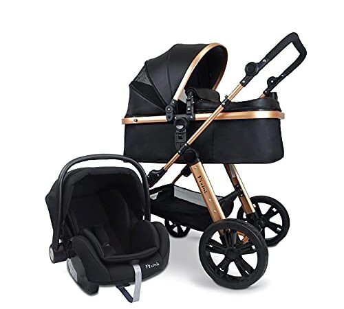 Pixini Passeggino (Arizona 3 in 1 con navicella e passeggino e seggiolino auto – telaio in alluminio – con pacchetto di accessori in oro/nero)