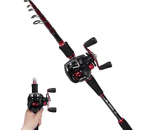 REAWOW Canna da Pesca e Mulinello Combo Canna da Pesca telescopica in Fibra di Carbonio Portatile con Impugnatura per Pistola d'altura con mulinelli Baitcast (Right)（con Istruzioni per l'uso）