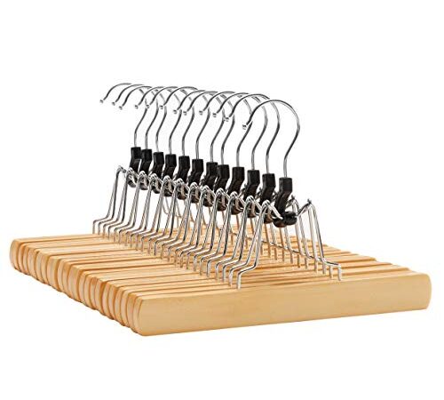 SONGMICS grucce per Pantaloni, in Legno, Set di 12, Porta Pantaloni e Gonna con Gancio girevoli a 360°, Lunga 25 cm, Antiscivolo, con Gancio Cromato, CRW007-12