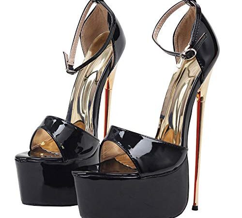 TIKENBST Tacchi Donna Tacchi Alti 22CM alla Caviglia Scarpe con Punta A Punta Sandali con Plateau in Metallo,Black-45