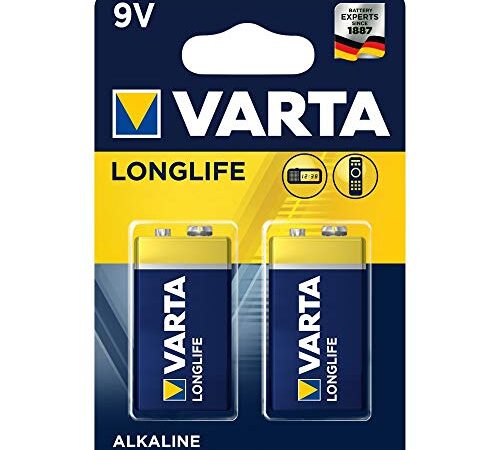VARTA Longlife 4122- 6LP3146, Blocco da 9V, Batteria alcaline blocco E - Made in Germany - Ideali per rilevatori antincendio, rilevatori di fumo, accordatori, Confezione da 2