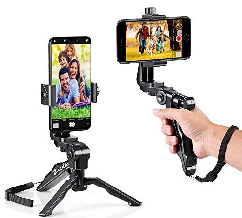 Zeadio smartphone stabilizzatore e treppiede Combo, supporto di 360 gradi rotazione + treppiede portatile multifunzionale per Tutti gli smartphone Iphone e Android