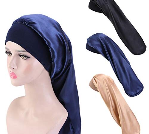 ZOYLINK 3 PiÈces Long Bonnet En Satin LÂche Tresses Élastiques Bonnets Mode Bleu Soyeux Chapeau De Nuit Saft Confortable Chapeau De Sommeil Pour Les Femmes