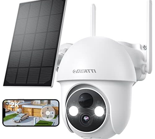 360° PTZ Telecamera Wi-Fi Esterno Batteria Senza Fili, DEATTI 2K Videocamera Sorveglianza Esterno IP e Pannello Solare, Visione Notturna a Colori, Rilevazione di Movimento PIR, Compatibile con Alexa
