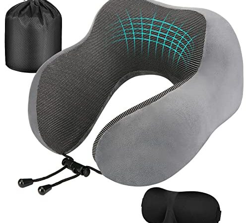 Amazon Brand - Eono Cuscino da Viaggio, Cuscino Collo Memory Foam, Cuscino Cervicale Viaggio, Perfetto per Aereo Auto Ufficio, Inclusa Maschera per Dormir, Tappi auricolari, Borsa per Trasporto