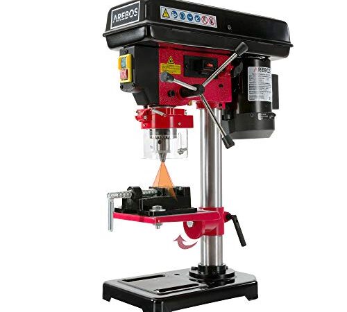 Arebos Trapano a colonna da banco 500 W | Posizione laser | 2.500 Rivoluzioni al minuto | Regolazione del banco: 45° – 0 – 45° | Velocità selezionabili: 5 | Mandrino dentato da 16 mm