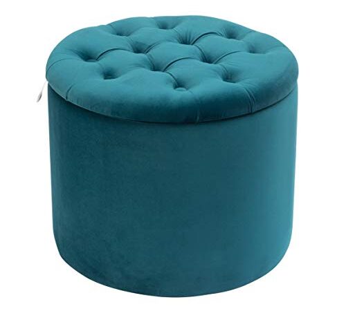 Baroni Home Pouf Contenitore Poggiapiedi con Scarpiera Interna, Pouf in Velluto Portascarpe Blu Petrolio Ø50x42 cm