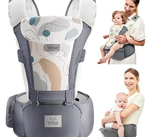 Bebamour Marsupio per 0-36 mesi, marsupio traspirante da neonato a bambino, approvato dagli standard di sicurezza, seggiolino ergonomico 6 in 1 anteriore (New Air Grey)