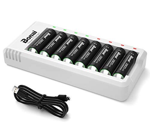 BONAI Batterie Ricaricabili AA Alta Capacità 2800mAh 8 Pezzi Pile Ricaricabili Stilo Ni-MH con Caricatore 8 Slot Intelligente LED Caricabatterie Ricarica Rapida USB