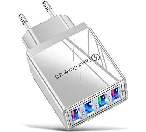 Caricatore USB multiplo. Carica più veloce e più sicuro. 4 porte USB compatibili con tutti i cellulari, tablet, laptop, inclusi iPhone, Samsung Galaxy, Note, Xiaomi, Huawei