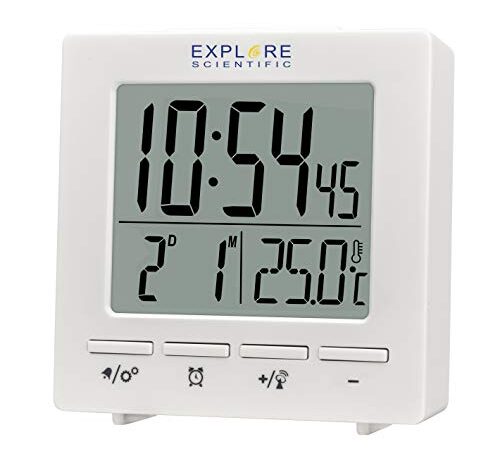Explore Scientific RDC1005 Orologio radiocontrollato da viaggio, Doppio allarme, Snooze, Calendario, Bianco