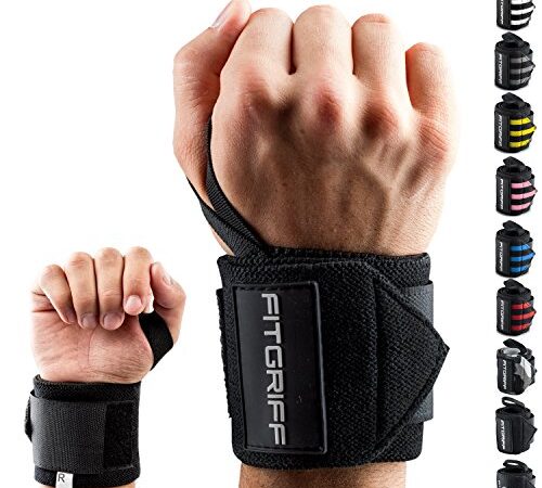 Fitgriff® Polsiere Palestra - Professionali Fasce da Polso - Donna & Uomo - Polsini Palestra, Gym, Bodybuilding, Crossfit, Calistenics, per Sollevamento Grossi Pesi (Black)