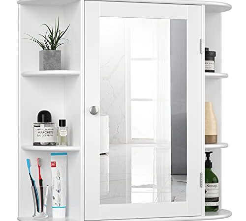 GIANTEX Armadietto Bagno a Parete, Mobiletto Pensile in Legno con Ante di Specchio, 6 Scomparti Laterali e 4 Ripiani di Stoccaggio, 3 Colori Disponibili, 65x17x64cm (Bianco)
