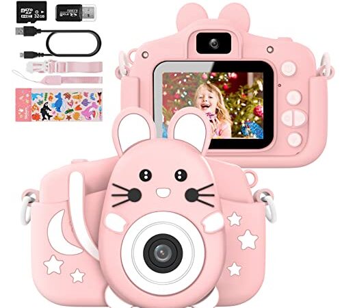 Hangrui Macchina Fotografica per Bambini, Fotocamera Bambino con Giochi, 32GB Scheda & Cordoncino, Fotocamere Digitali per Bambini con LCD da HD 18 MP / 1080P, Regalo di Natale & Compleanno -Rosa