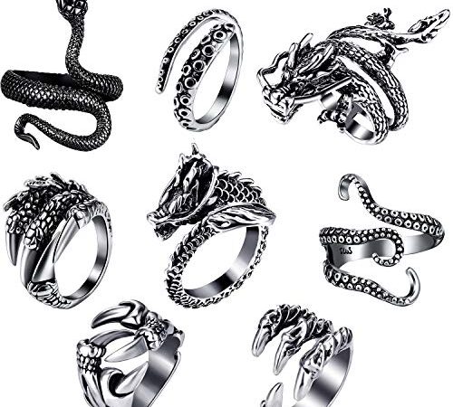 HICARER 8 Pezzi Anelli Punk Vintage Anello Serpente Drago Polpo Regolabile