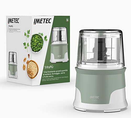 Imetec Tritapiù Tritatutto, 4 Lame in Acciaio Inox, Capiente Contenitore 600 ml, 18.000 Giri/min, Funzionamento a Pressione, 1000 W, Materiali BPA Free, Bianco/Verde