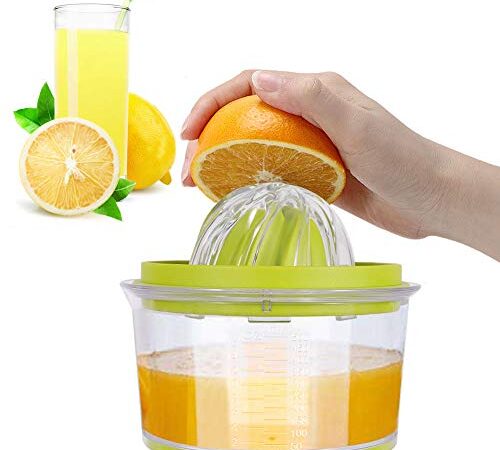 IZSUZEE Spremiagrumi Manuale, Spremi Agrumi Professionali in Plastica 4 in 1, Spremiagrumi a Mano, Spremi Pressa Limone Arance Limoni Agrumi con 2 Alesatori e Contenitore Peeler di 400ml Misurazione