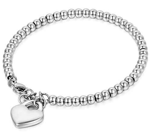 JewelryWe Gioielli Braccialetto Fortunato per Le Donne, Acciaio Inossidabile Lucido, Bracciali per spose, Palle Stile Semplice, Ciondolo Cuore Dolce per Good Fortune, Argento