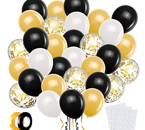 LAPONO Palloncini Oro e Nero Compleanno 60Pcs Bianchi Colorati Elio Coriandoli Lattice Gonfiabili Palloncino per Battesimo Bimbo Bambina Ragazzi Compleanno Feste Matrimonio Decorazioni Bambino Nascita
