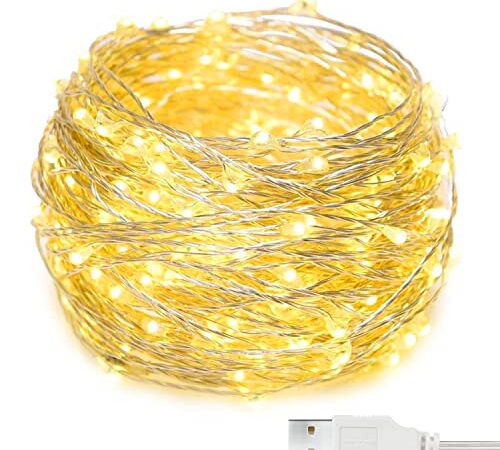 Led Stringa Luci con USB, Romwish 12M 120LED Catena Luminose IP65 Impermeabile per Natale Lucine Decorative Festa Interno Natalizie letto Camera (Bianco Caldo)