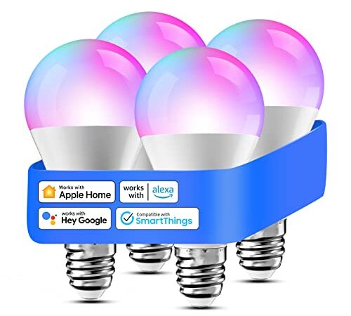 meross Lampadina LED Smart, Set di 4 Lampadine WiFi E27 Compatibile con Apple HomeKit, Alexa e Google Home, Lampadina Smart RGBCW Multicolor Dimmerabile con Controllo Vocale e Telecomando, MSL120HK