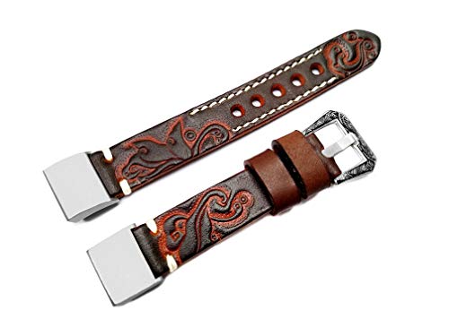 NICKSTON Embossed Dark Brown Genuine Leather Band Compatible with Fitbit Charge 2 Tracker Luxury Tooled Strap Bracelet with Engraved Buckle